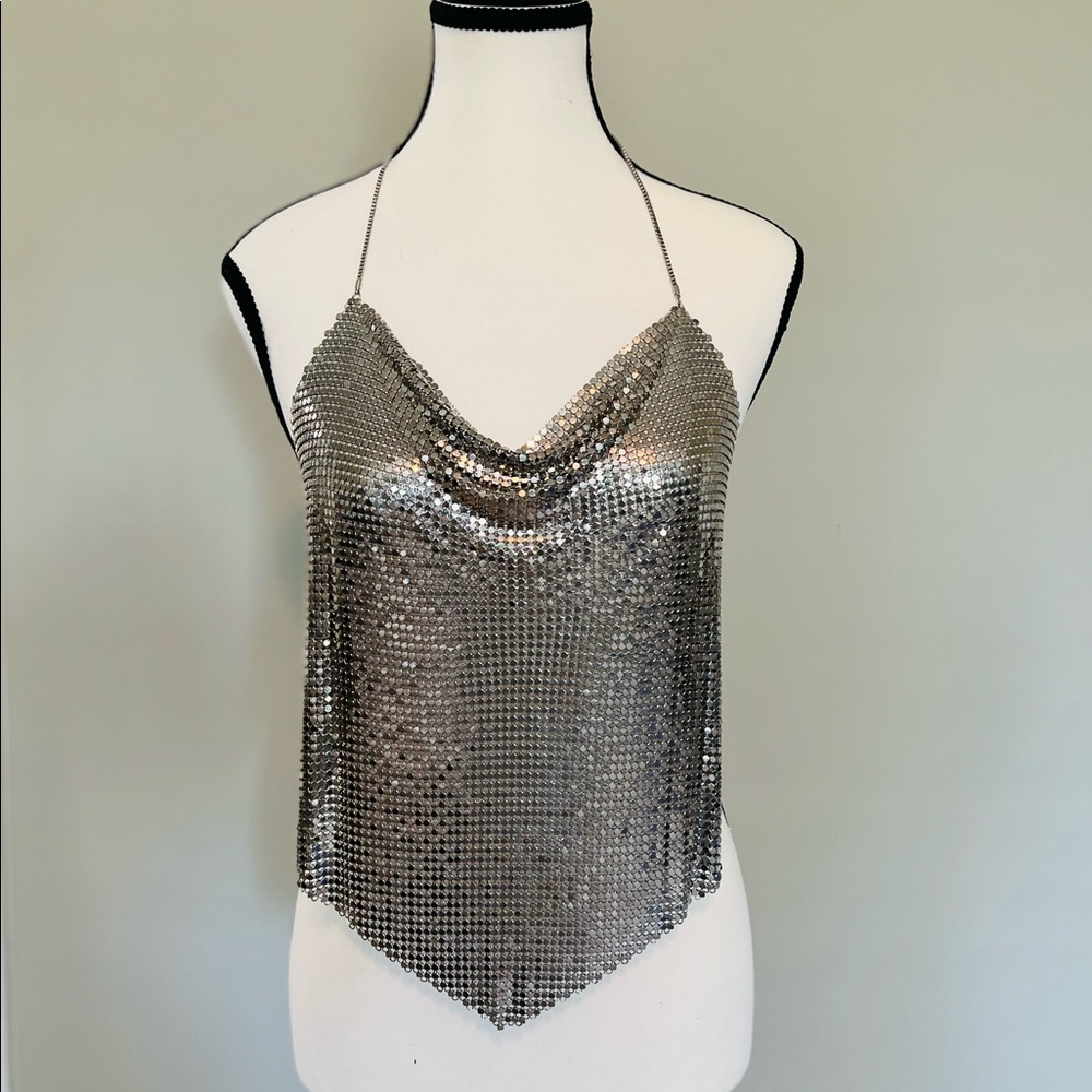 Vintage silver metal mesh drape neck top with lobster claw clasps.